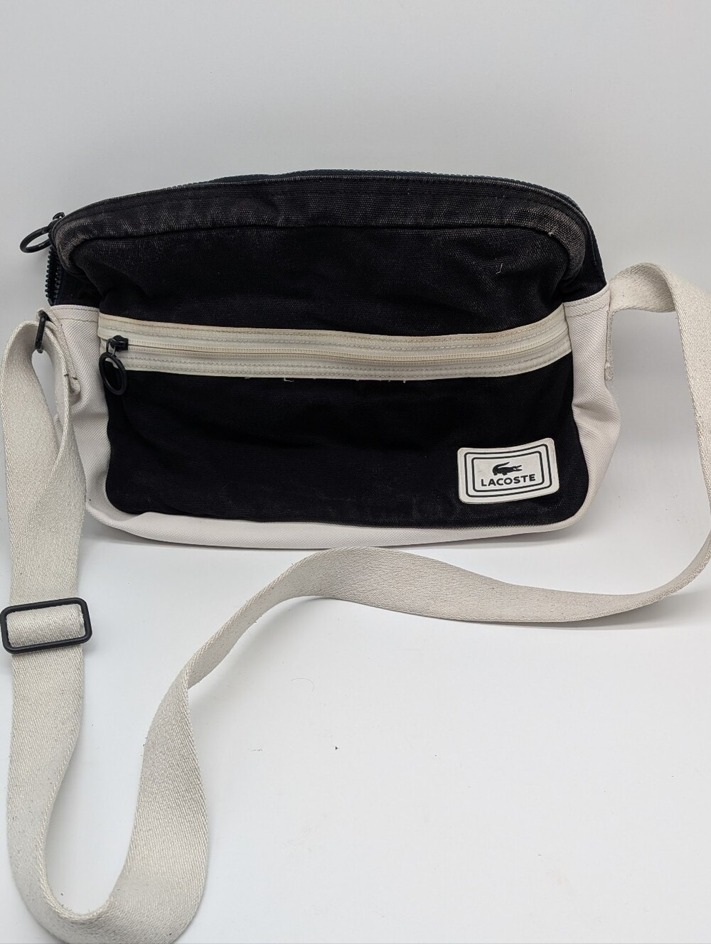 Lacoste Black White Crossbody Shoulder Bag Adjustable Canvas Strap Zip Pocket
